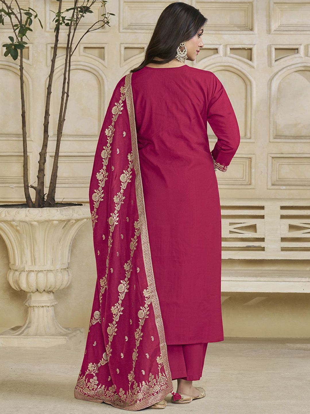 Label Khoj Women Roman Silk Embroidery  Work Rani Color Kurta & Bottom With Dupatta  Set