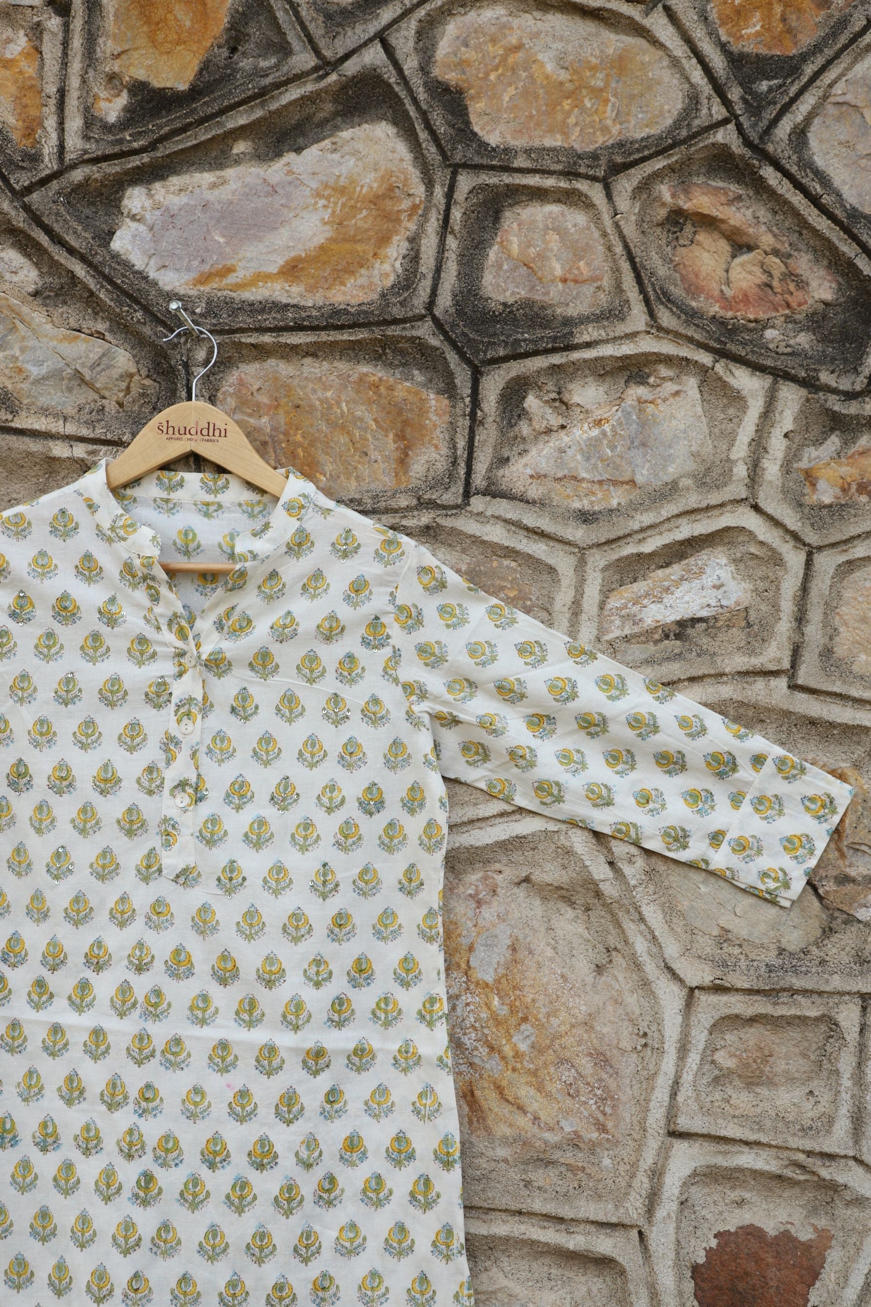 Off White & Yellow Cotton Kurta