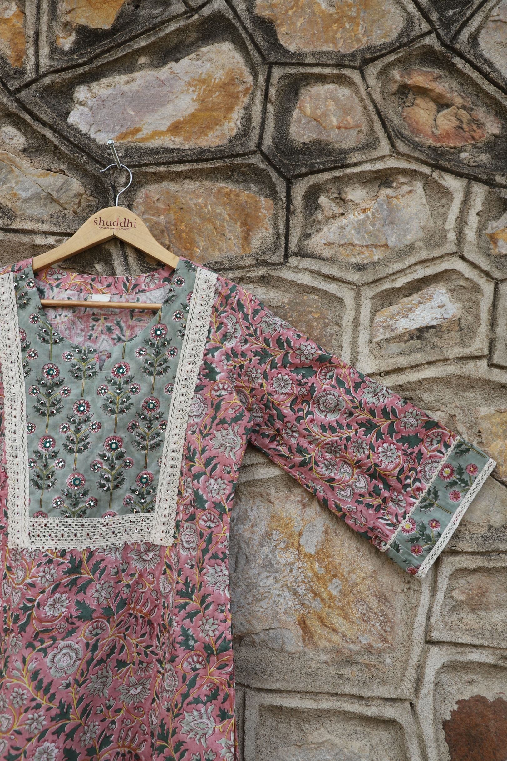 Salmon Pink With Pista Green Straight Kurta