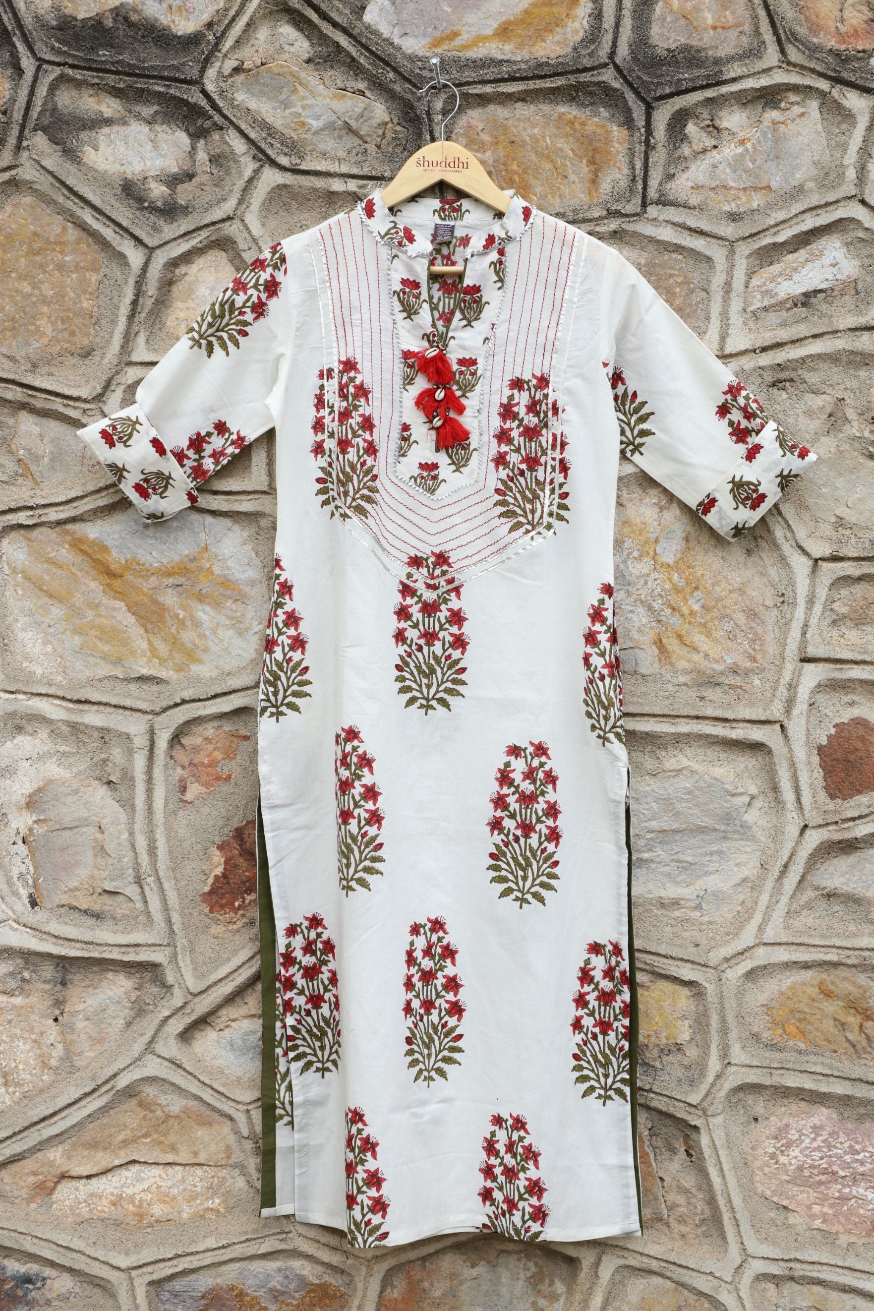 White With Crimson Red Straight Kurta