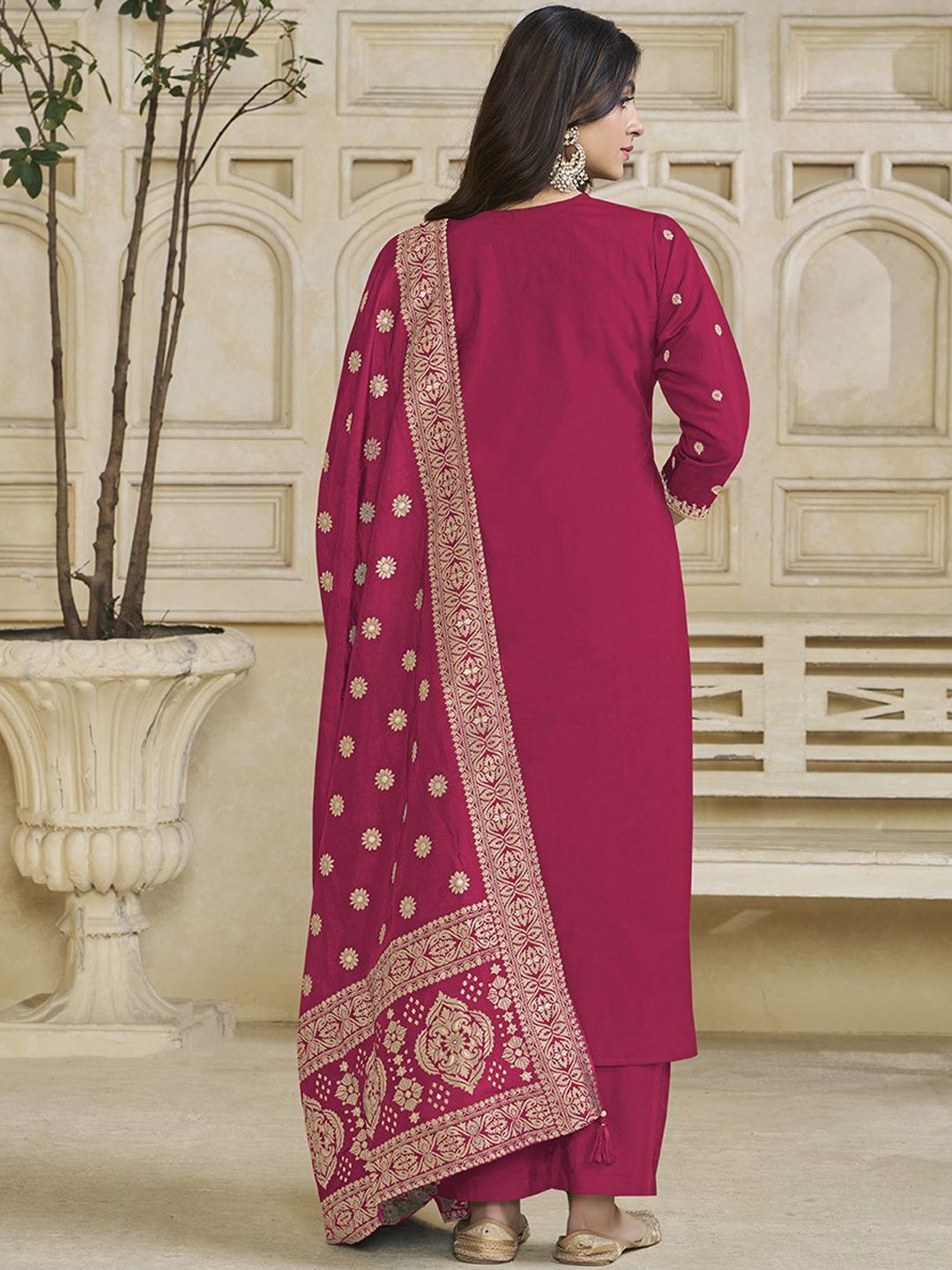 Label Khoj Women Roman Silk Embroidery  Work Rani Color Kurta & Bottom With Dupatta  Set