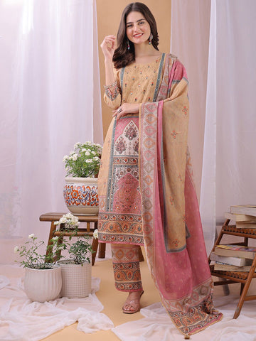 Label Khoj Women's Silk Blend Handwork Kurta with Pant and Dupatta