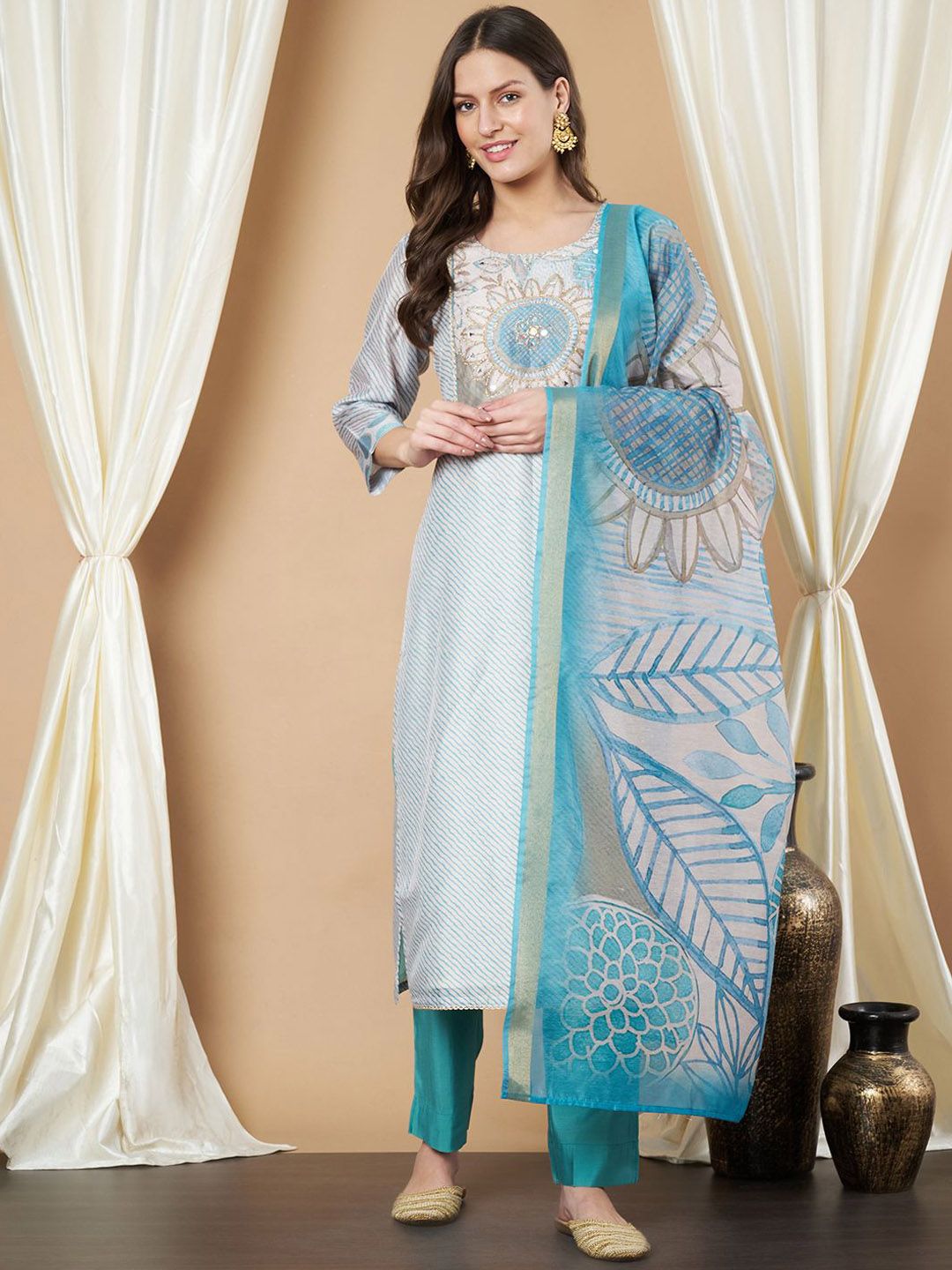 Label Khoj Women's Firoji Chanderi Embroidered Kurta with Pant and Firoji Dupatta