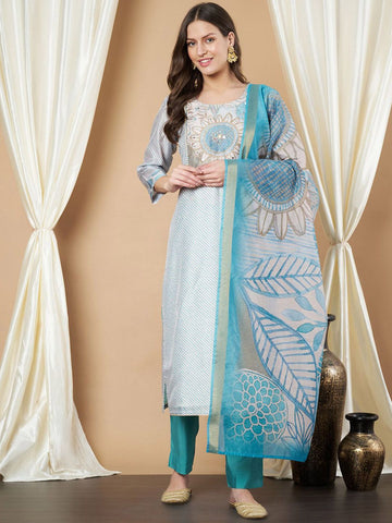 Label Khoj Women's Firoji Chanderi Embroidered Kurta with Pant and Firoji Dupatta