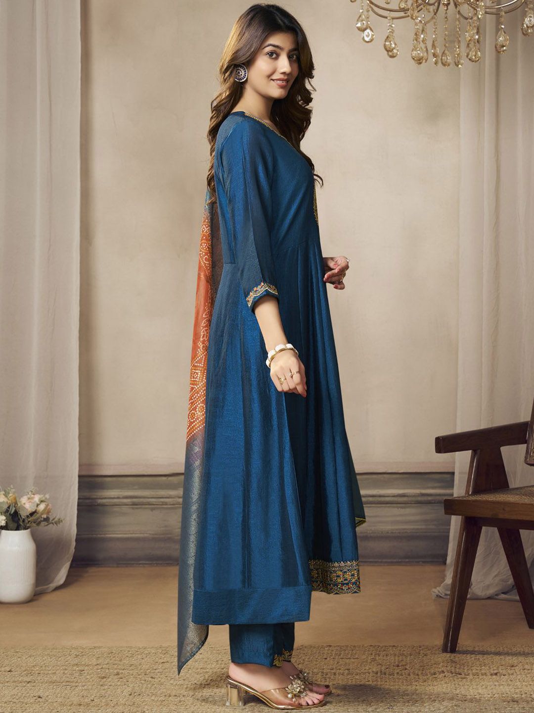 Label khoj Beautiful Anarkali kurta With Pant and Dupatta Set Blue Color