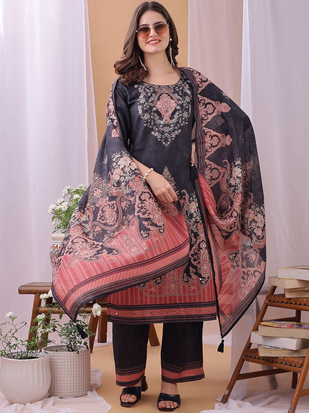 Label Khoj Women's Silk Blend Handwork Kurta with Pant and Dupatta