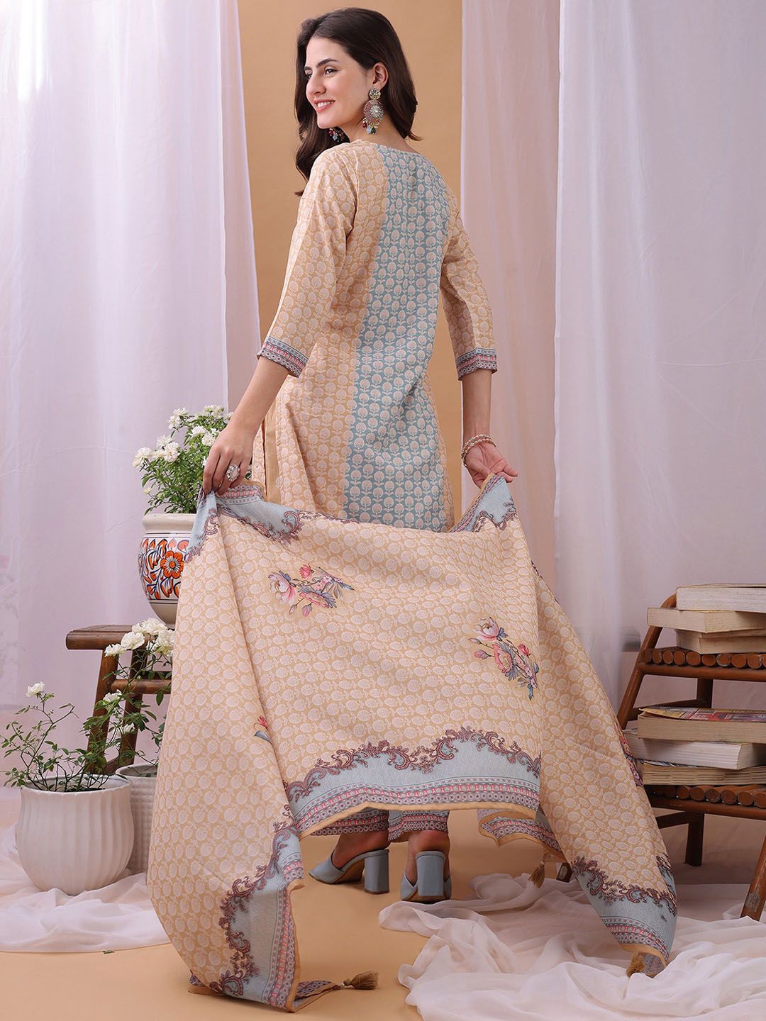 Label Khoj Women's Silk Blend Handwork Kurta with Pant and Dupatta