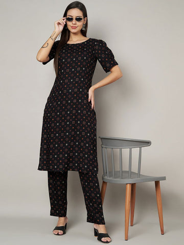 Label Khoj Womens Black Rayon Printed Coord Set